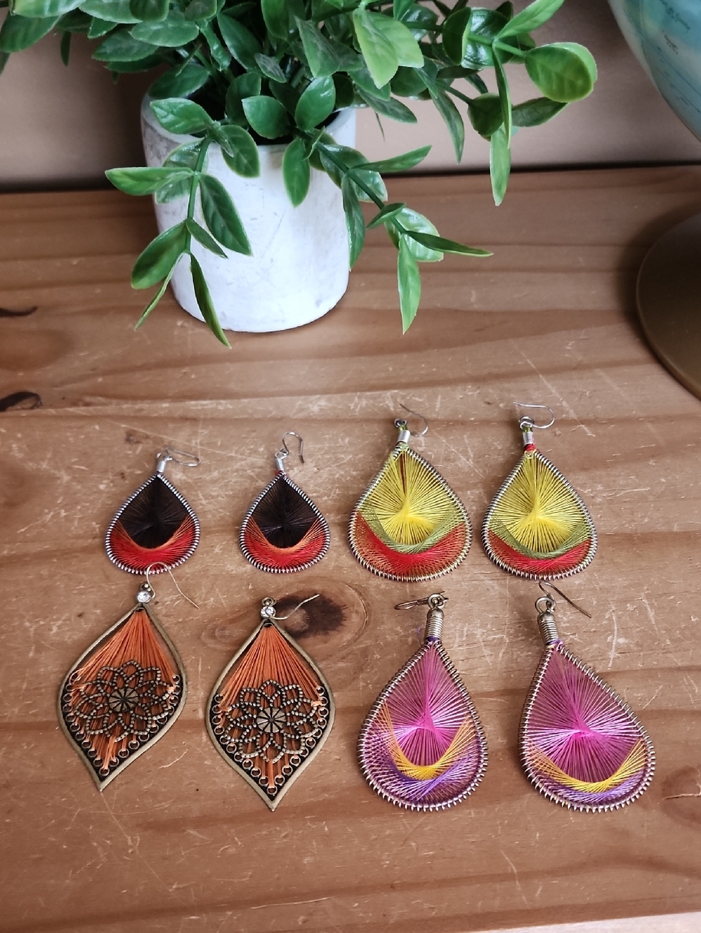 Handcrafted Multicolor Thread Teardrop Earrings - Set of 4 Pairs